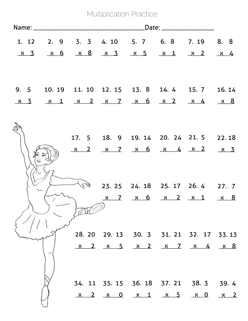 Multiplication Practice Worksheet Ballerina Dancing Theme Miniature Masterminds