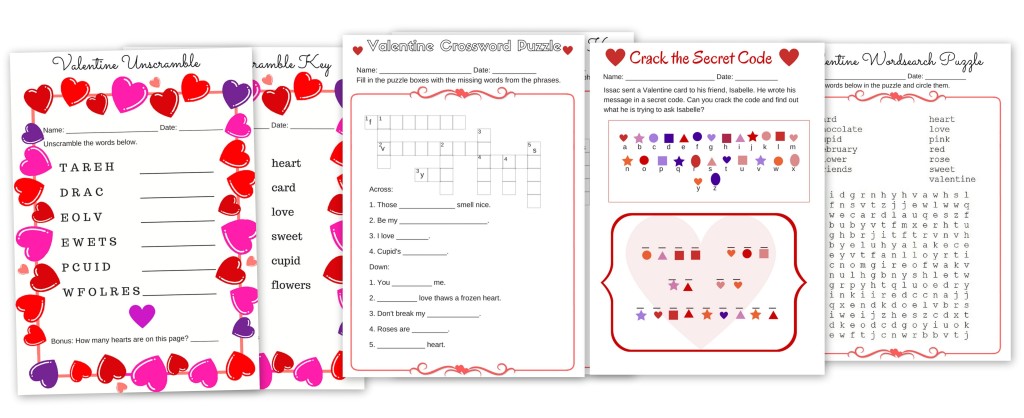 Free Valentine #39 s Day Printable Puzzle Pack Word search Code breaker