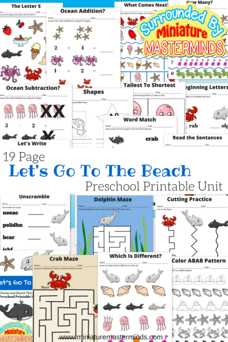 19 Page Preschool Printable Unit Let's Go To The Beach Ocean and Beach Themed Pack