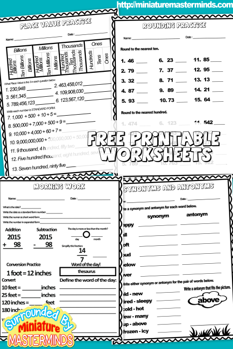 Free Printable Daily Work For 9/8/2015 4th and 5th Grade – Miniature