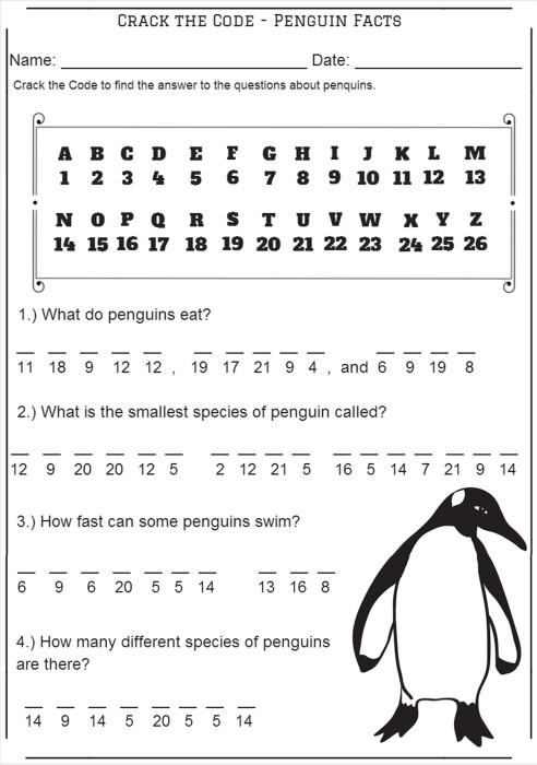 Crack The Code Penguin Facts Codebreaker Worksheet Miniature 