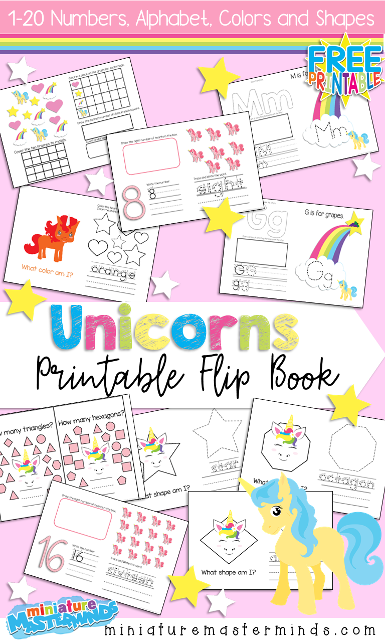Free Printable Unicorn Themed Flip Book 1-20 Numbers, Colors, Alphabet