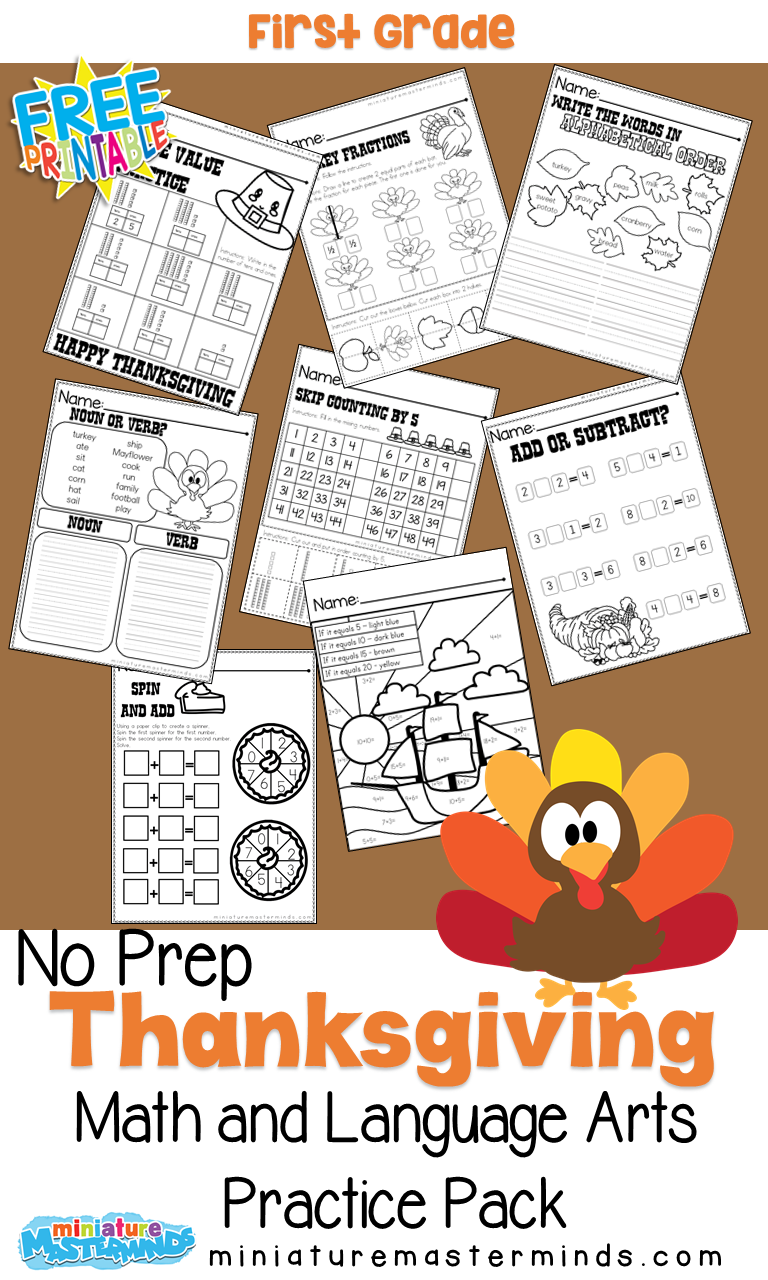 First Grade Thanksgiving No Prep Math and Language Arts Practice Pack ...